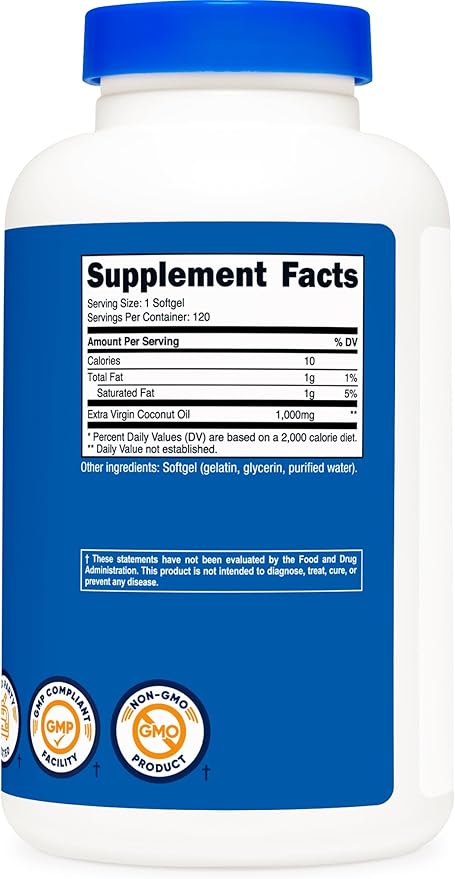 Nutricost Coconut Oil Softgels (1000mg) 120 Softgels - Extra Virgin Coconut Oil - Gluten Free and