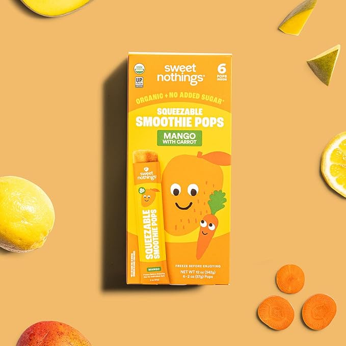 Sweet Nothings, Mango, USDA Organic Kids' Squeezable Fruit Smoothie Popsicle Pops, Value Pack of 24