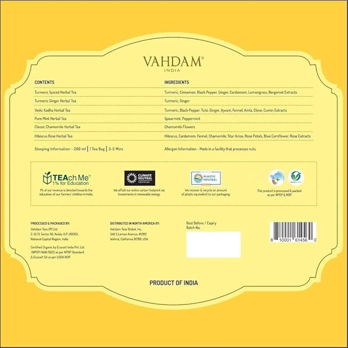 VAHDAM, Assorted Herbal Tea Variety Pack (6 Variants, 36 Tea Bags) Caffeine Free, Gluten Free, Non