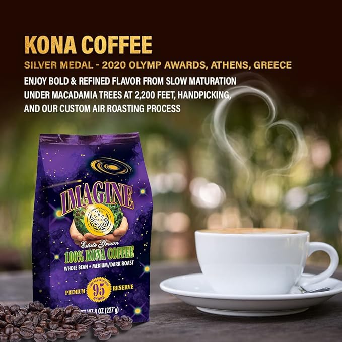 Imagine Kona Organic Coffee Beans | Arabica Kona Beans | Top Grade Air Roasted | Medium Dark Roast