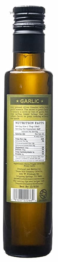 Texas Hill Country Olive Co Garlic Infused Olive Oil - Cold Pressed Gourmet EVOO Olive Oil - Great