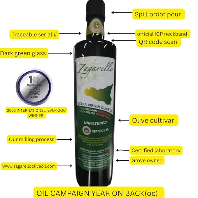 Zagarello 100% Traceable Italian Olive Oil Extra Virgin - 25.4 Fl Oz Unfiltered, Pure, IGP Certified
