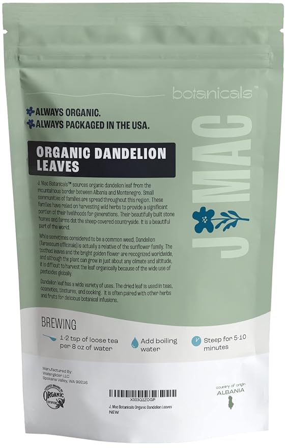 J Mac Botanicals, Organic Dandelion Leaves (4 oz bag) USDA Certified Organic Dandelion leaf tea, te