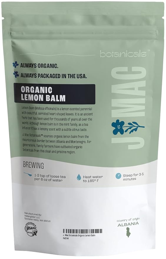 J Mac Botanicals Organic Lemon Balm (4 oz), Loose Leaf Tea, Dried Lemon Balm Tea, herbal Infusion