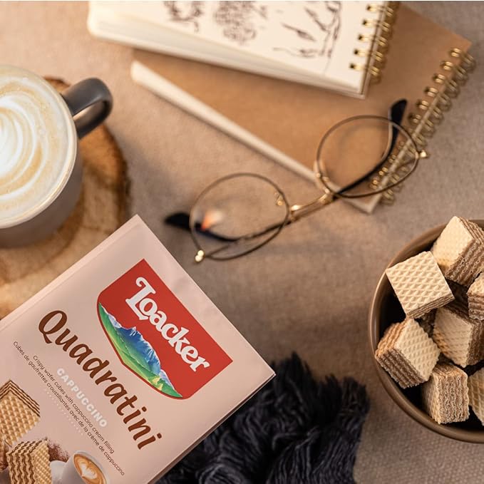 Loacker Quadratini Cappuccino Wafer Cookies LARGE - Premium Crispy Bite Size Wafers - 30% Less