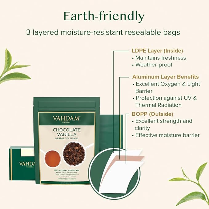 VAHDAM Chocolate Vanilla Herbal Tea (3.5 oz, 50+ Cups) | Rooibos, Chocolate, Vanilla | Loose-Leaf