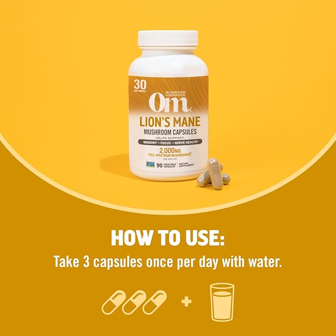 OM MUSHROOM SUPERFOOD Lion's Mane Mushroom Capsules Superfood Supplement, 90 Count, 30 Day Supply