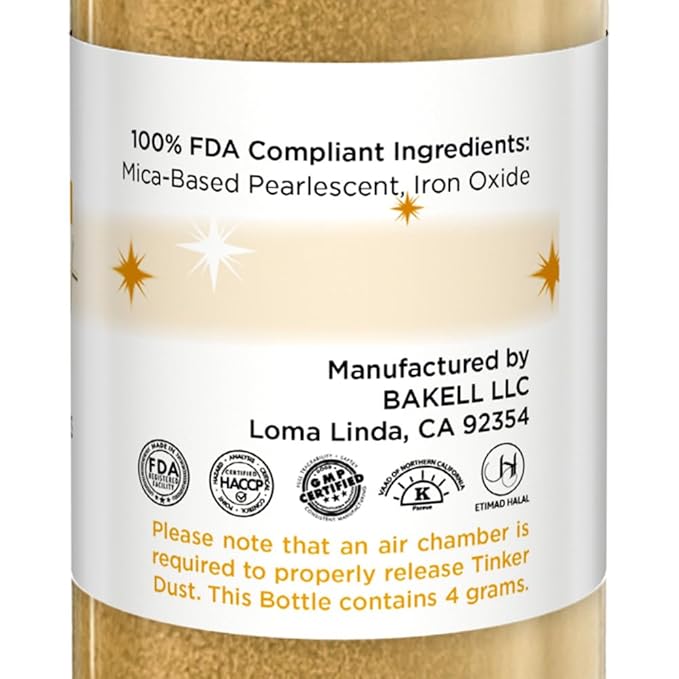 Bakell - Bright Gold Tinker Dust (4g, 1x Mini Spray Pump) Edible Glitter for Food, Desserts, and