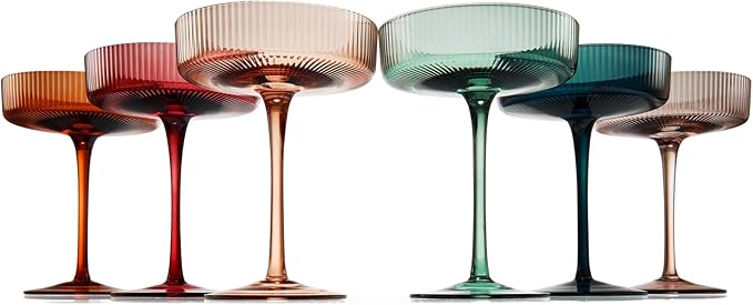 Colored Vintage Art Deco Coupe Glasses - Martini, Cocktail & Champagne Ribbed Glasses 7oz | Set of