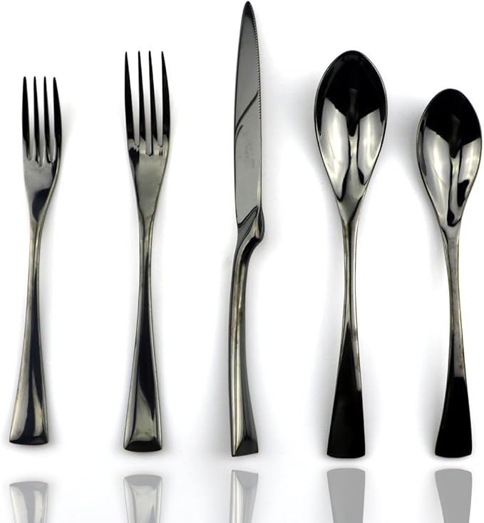 JASHII 18/10 Stainless Steel 20 Piece Mirror Polished Black Flatware Set,Dinner Knife Fork Salad