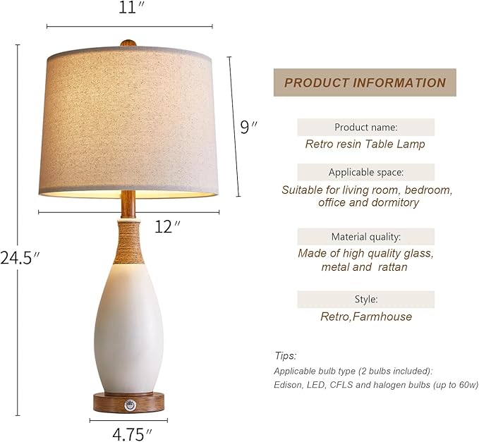 OYEARS 24.5” 3-Way Dimmable Touch Control Bedside Table Lamp Set of 2 with USB and Type-C Charging