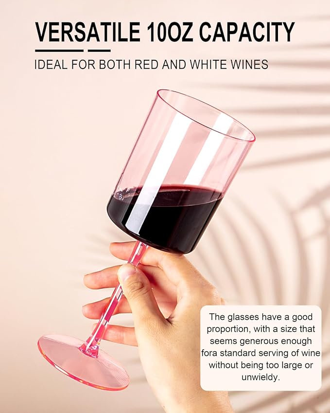 Ciaell 12 Pack Pink Plastic Wine Glasses - 10 Oz Disposable Wine Glasses with Stem for Parties &