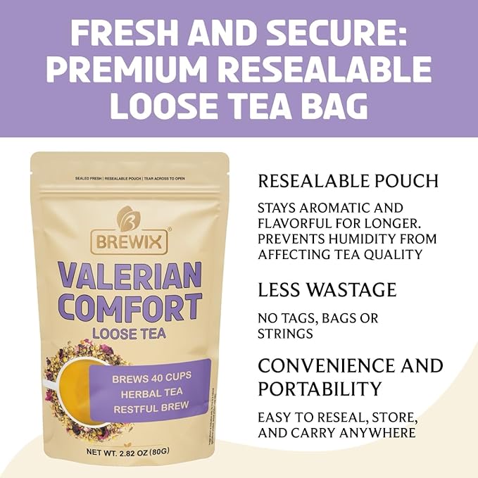 BREWIX, Valerian Comfort Tea for Sleep and Relaxation (40+ Cups, 2.82oz/80g) Caffeine-Free and