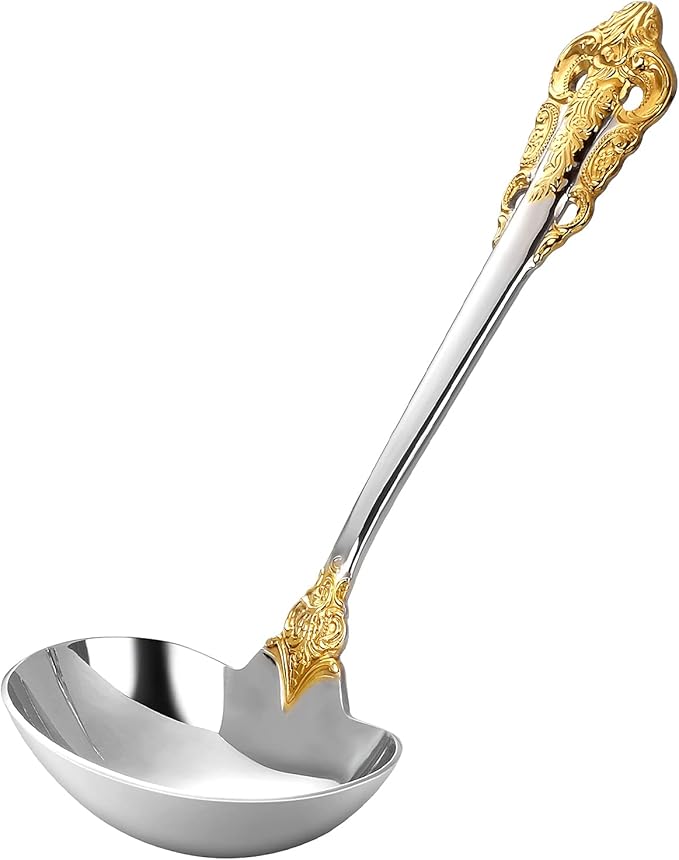KEAWELL Luxury Gravy Ladle, 18/10 Stainless Steel, Gold Accent, Small Gravy Spoon for Home. Solid