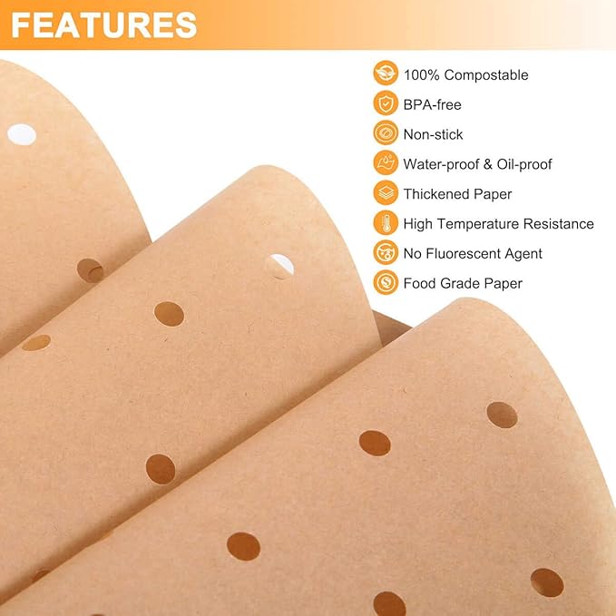 Air Fryer Parchment Paper, 9 Inch Round Liner, 200PC Unbleached Filter Paper for Air Fryers (100