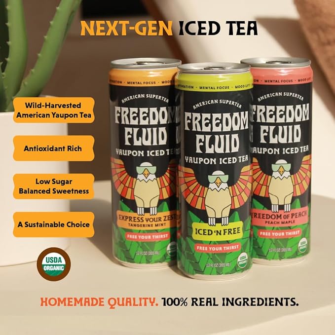 Freedom Fluid Organic Yaupon Iced Tea – Tangerine Mint | Herbal Tea Drink | Lightly Sweetened, Low