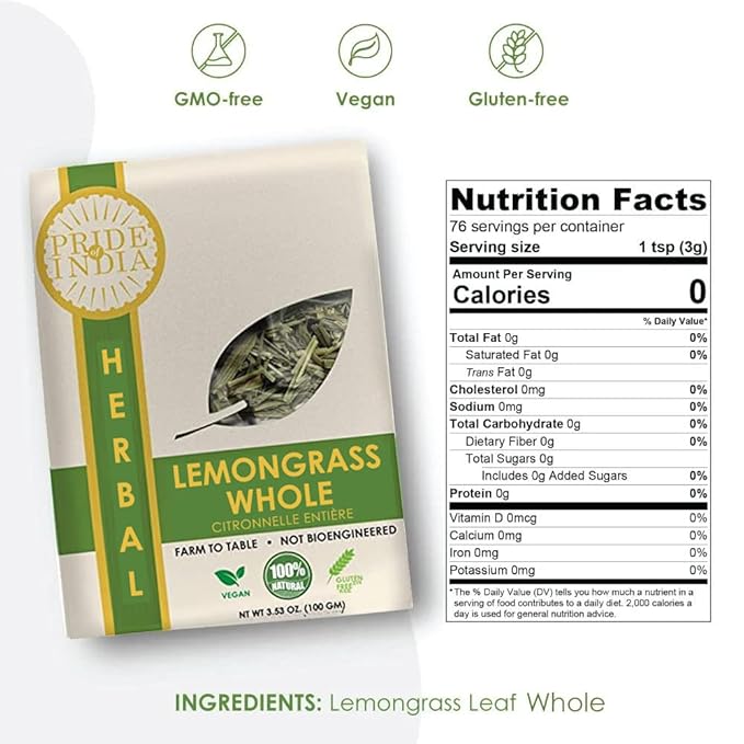 Pride Of India - Natural Dry Indian Lemongrass Herb, 3.53oz (100gm) Full Leaf - Certified and