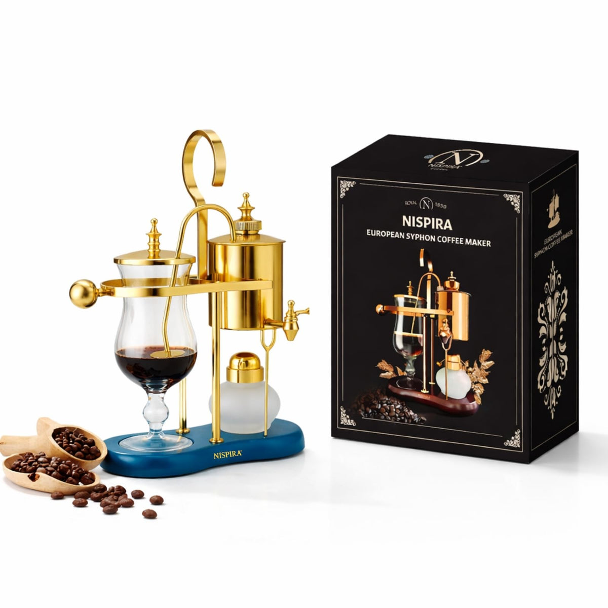 Nispira Belgian Balance Syphon Vacuum Coffee Maker, 500ml Vintage Gravity Brewing System, Gold &