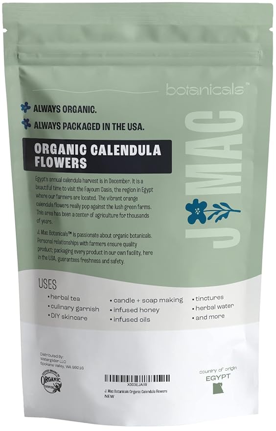 J Mac Botanicals, Organic Calendula Flower (4 ounce), whole dried flowers and petals, loose leaf