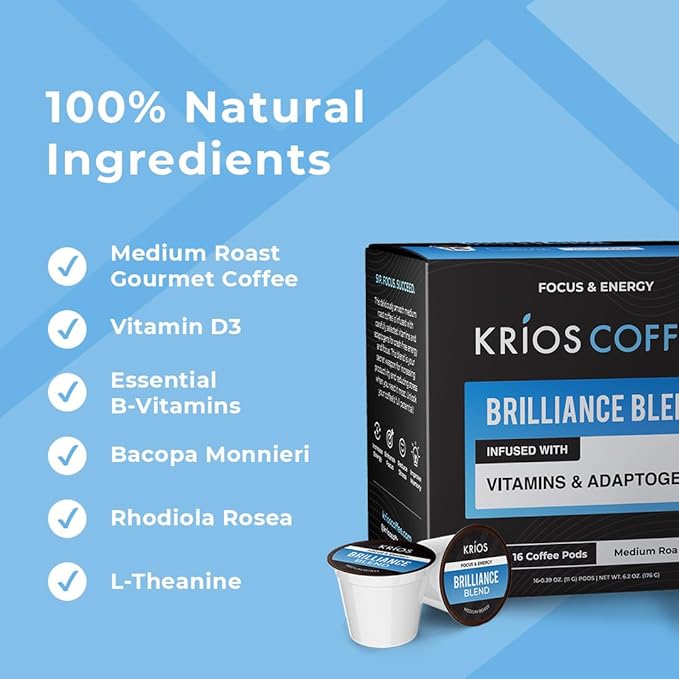 Krios Coffee Brilliance Coffee Pods, Enhance Energy & Focus with Essential Vitamins, L-Theanine