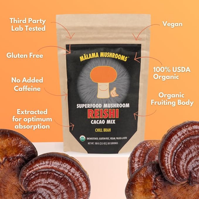 Malama Organic Mushroom Hot Cacao Mix, Reishi Mushroom Powder with Fair Trade Cacao for Immune