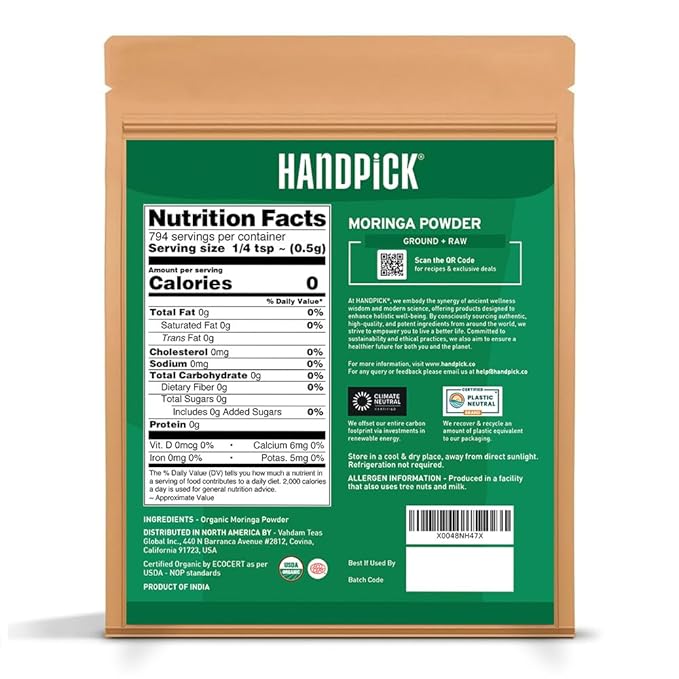 HANDPICK USDA Organic Moringa Powder (397g/14oz) Pure Moringa Oleifera Leaf Powder | Authentic