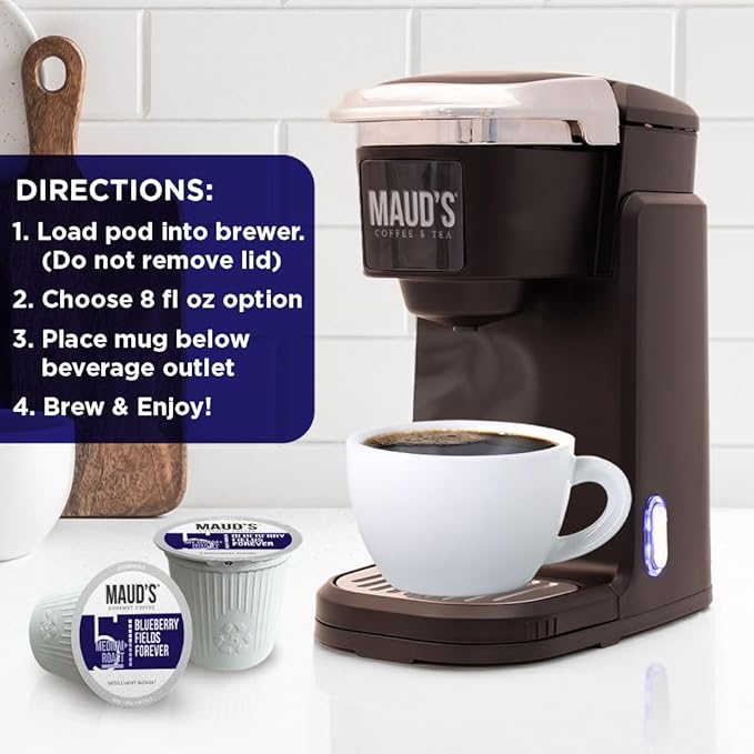 Maud's Blueberry Flavored Coffee Pods, 18 ct, Medium Roast Flavored Coffee in Recyclable Single