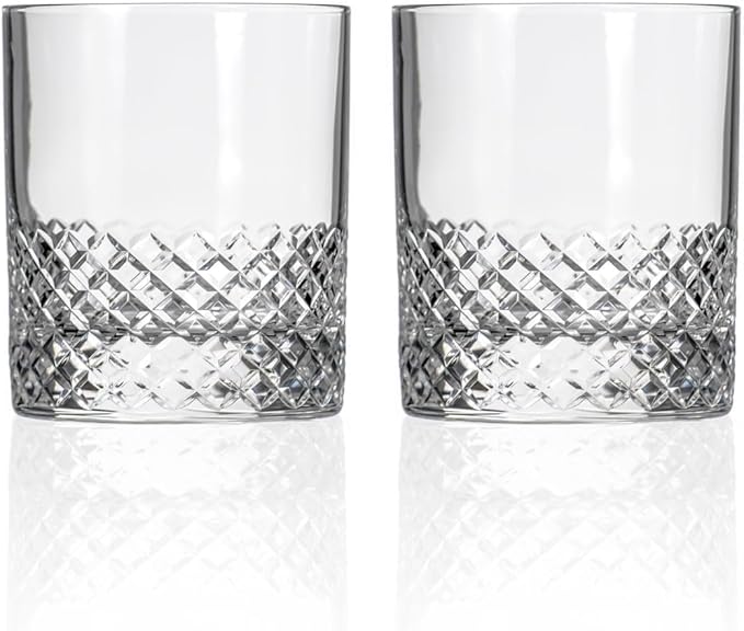 Rolf Glass Diamond On the Rocks Glass | 11oz Luxury Whiskey Glasses | Diamond-Wheel Engraved and
