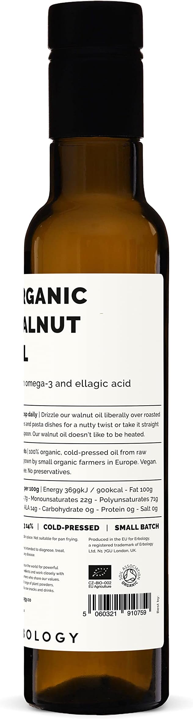 Erbology Organic Walnut Oil 8.5 fl oz - Cold-Pressed - Supports Cognitive Health - Straight from