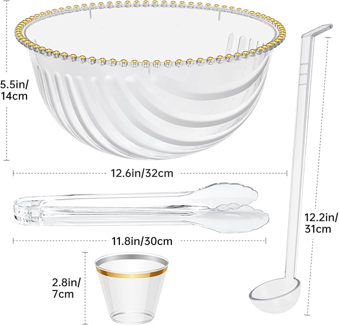 NiHome Large Plastic Punch Bowl with Ladle, Tongs and 25 Gold-Rimmed Cups for Wedding, Birthday