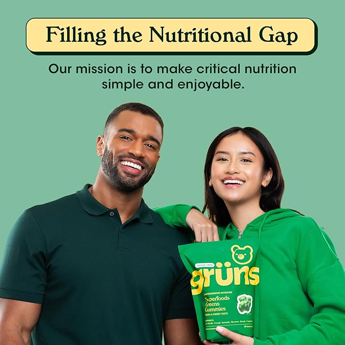Gruns Adult Sugar-Free Super Greens Gummies, Superfood Gummy Bears with Spirulina, Chlorella, Fiber