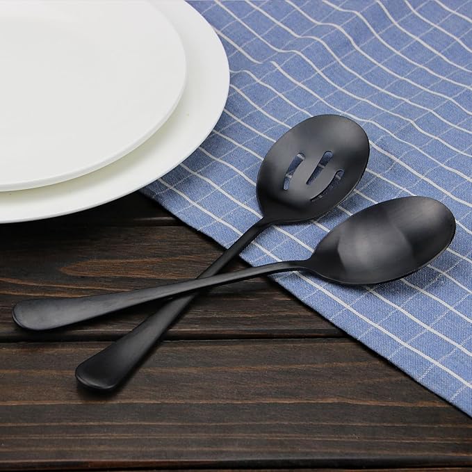 Serving Spoons Set, Black Stainless Steel, 8.7 Inch, Slotted and Solid Serving Utensils for Party