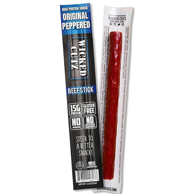 Wicked Cutz Original Peppered Beef Sticks, 15g Protein Per Beef Stick, Tender & Juicy Extra Large
