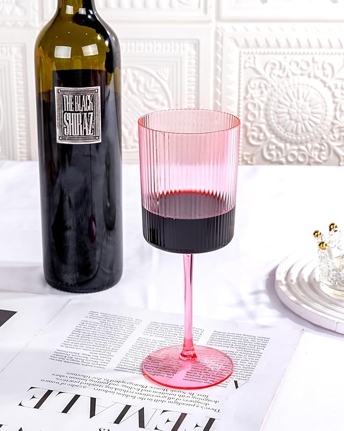 Ciaell 12 PCS Pink Plastic Ribbed Wine Glasses - 10 OZ Plastic Square Wine Glasses with Stem