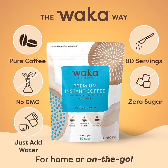 Waka Premium Instant Coffee Pouch — 100% Colombian Arabica Freeze Dried Beans — For Hot or Iced