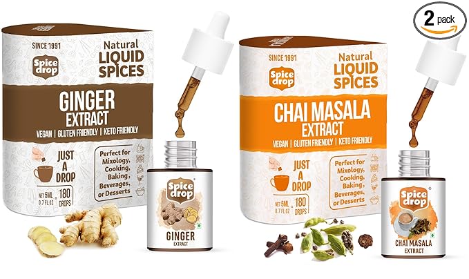Spice Drop Spicy Tea Combo ( Natural Extract of Ginger and Chai Masala ), 10ml, For Beverages and