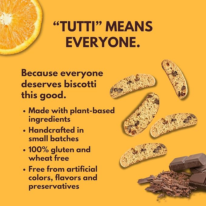 Tutti Gourmet Gluten Free Orange & Chocolate Biscotti, 9.9 oz (283g) Resealable Cookie Bag - Vegan