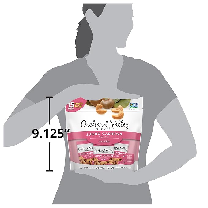 Orchard Valley Harvest Jumbo Cashews, 1 oz Bags (Pack of 15), Whole Roasted Salted Cashews, Gluten