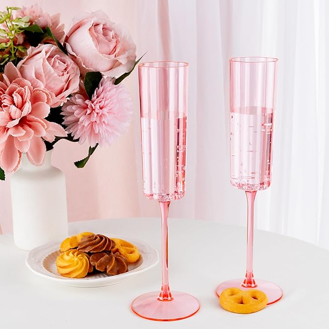 Ciaell 24 Pack Pink Plastic Champagne Flutes - 6 Oz Flower Wavy Champagne Glasses - Heavy Duty