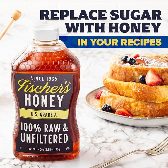 Fischer’s 100% Pure, Raw & Unfiltered Honey, 40 oz – USA Made Honey – All-Natural Sweetener – Rich