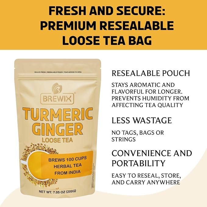 BREWIX, Turmeric Ginger Loose Herbal Tea (100+ Cups, 7.05oz/200g) Caffeine & Gluten Free | Ginger