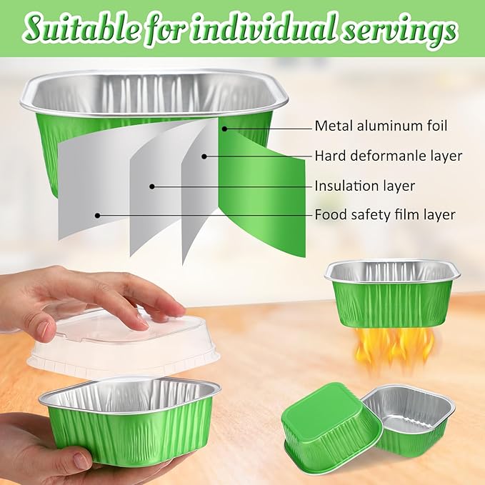 Aoriher 300 Pieces 10 oz Mini Cake Pans with Lids, Aluminum Foil Baking Cups, Square Disposable