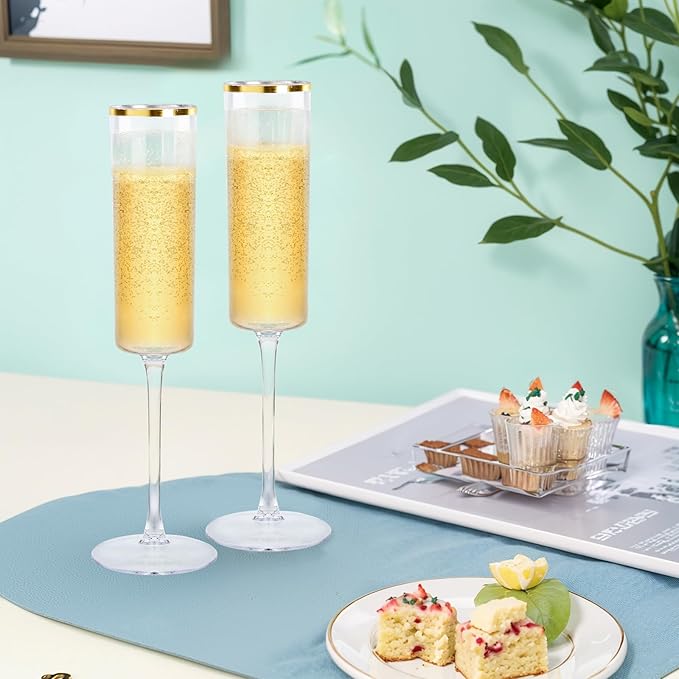 Ciaell 24 Pack Plastic Champagne Flutes - 6Oz Gold Rim Disposable Champagne Glasses - Square Clear