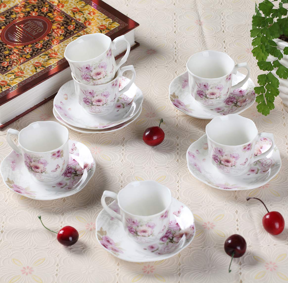 GuangYang 2.5 oz Porcelain Espresso Cups and Saucers Set – Floral Design, Purple Pattern