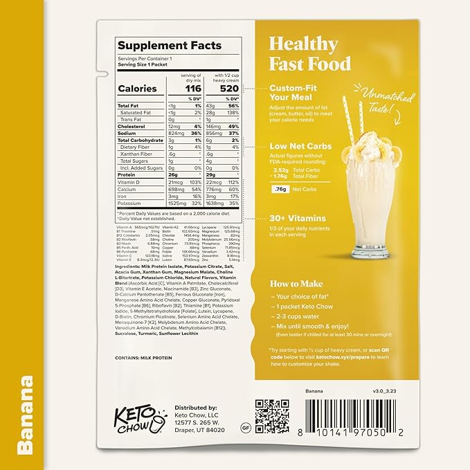 Keto Chow Banana - Keto Meal Replacement Shake Powder - Nutritionally Complete - Low Carb