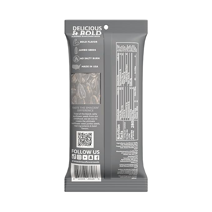 SMACKIN' Sunflower Seeds, Roasted Jumbo Small-Batch, American Made - Cracked Pepper. 1.5oz bags (36