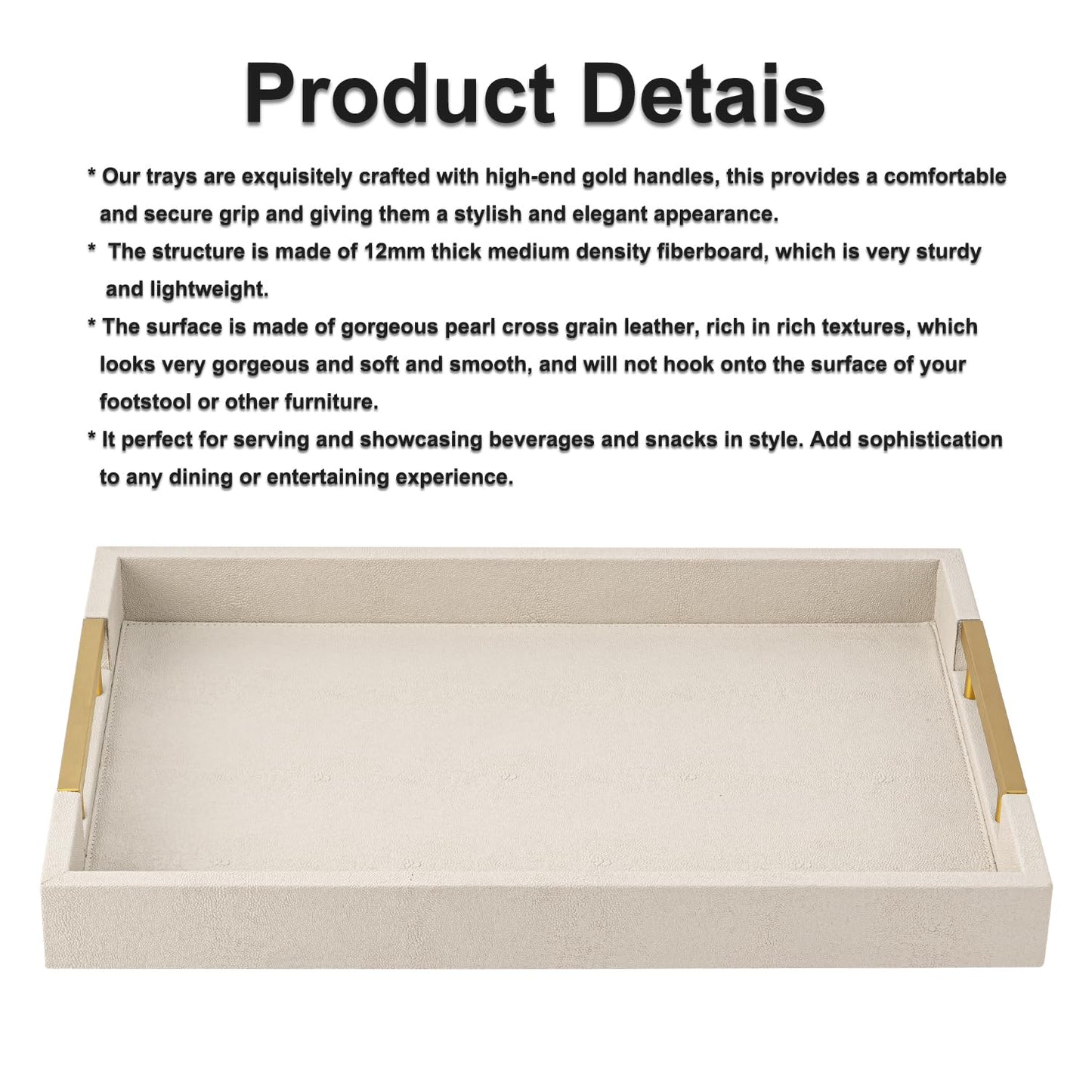 Beige Faux Leather Serving Tray with Handles – Large Decorative Tray for Coffee Table, Ottoman