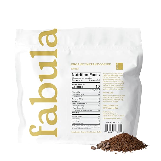 Fabula Organic Instant Decaf Coffee - Low Acid, Mold Free, Premium Arabica Beans, 90g