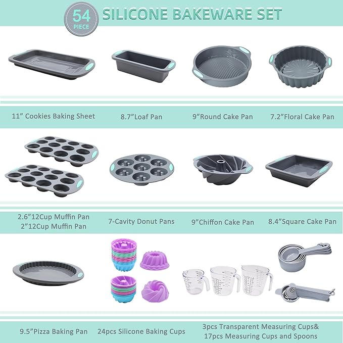 Tongjude 54 Pieces Silicone Baking Pans Set, 10 Silicone Cake Molds, Loaf Pan and Muffin Pans