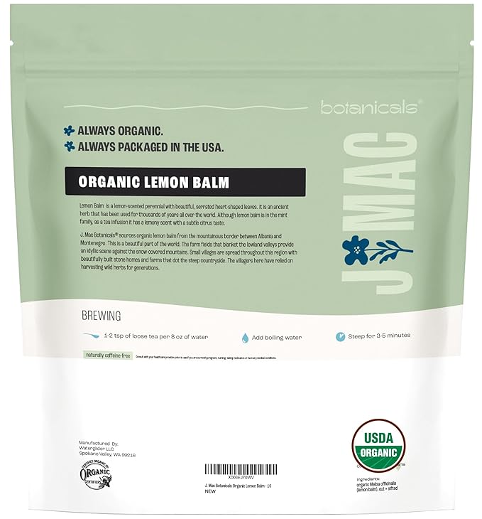 J Mac Botanicals Organic Lemon Balm (16 oz), Loose Leaf Tea, Dried Lemon Balm Tea, herbal Infusion